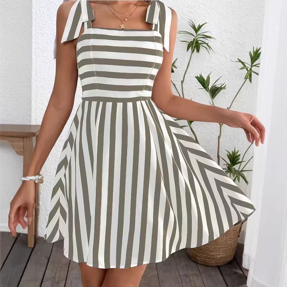 Women's Casual Striped Shoulder-Tie Sweet Camisole Dress