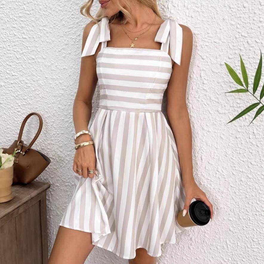 Women's Casual Striped Shoulder-Tie Sweet Camisole Dress