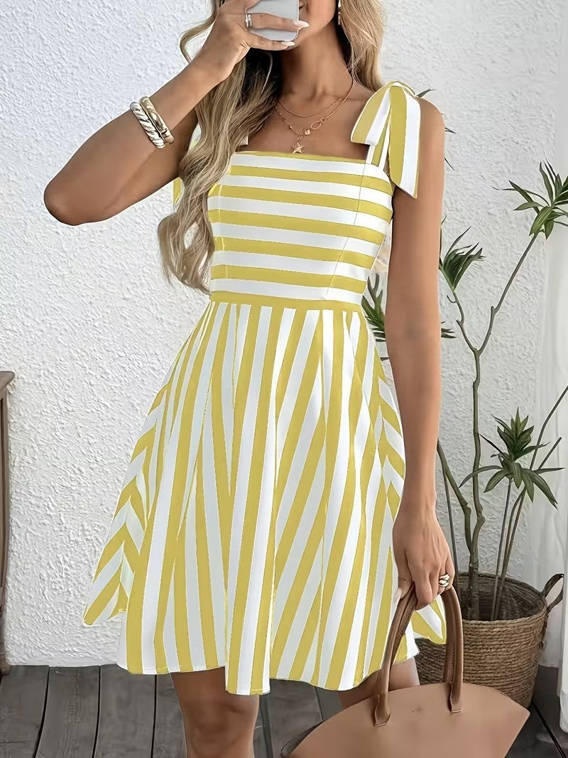 Women's Casual Striped Shoulder-Tie Sweet Camisole Dress