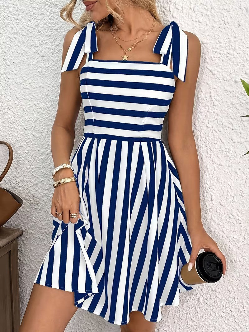Women's Casual Striped Shoulder-Tie Sweet Camisole Dress
