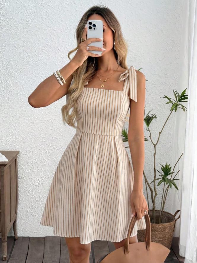 Women's Casual Striped Shoulder-Tie Sweet Camisole Dress