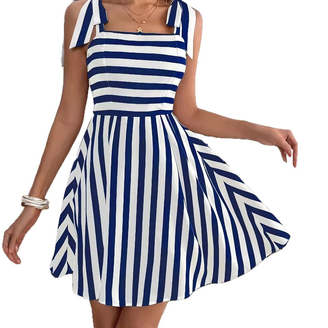 Women's Casual Striped Shoulder-Tie Sweet Camisole Dress